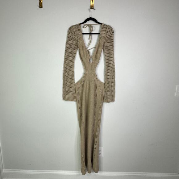 NEW Babyboo Nadine Crochet Maxi Dress Size Medium Beige Khaki Tan - Picture 5 of 10